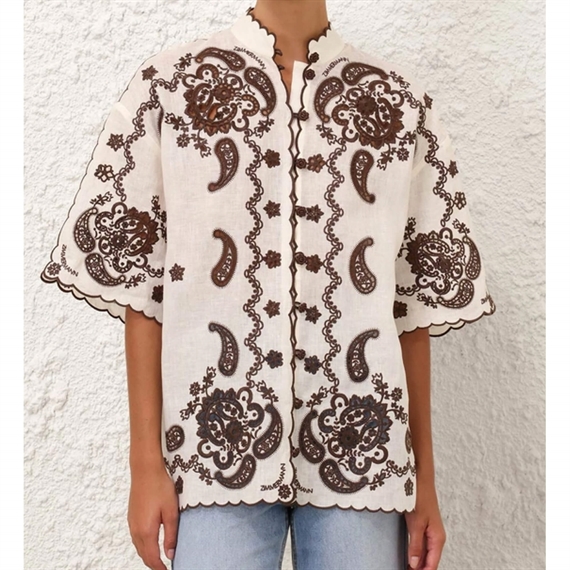 Zimmermann Ascension Embroidered Skjorte, Ivory/Chocolate